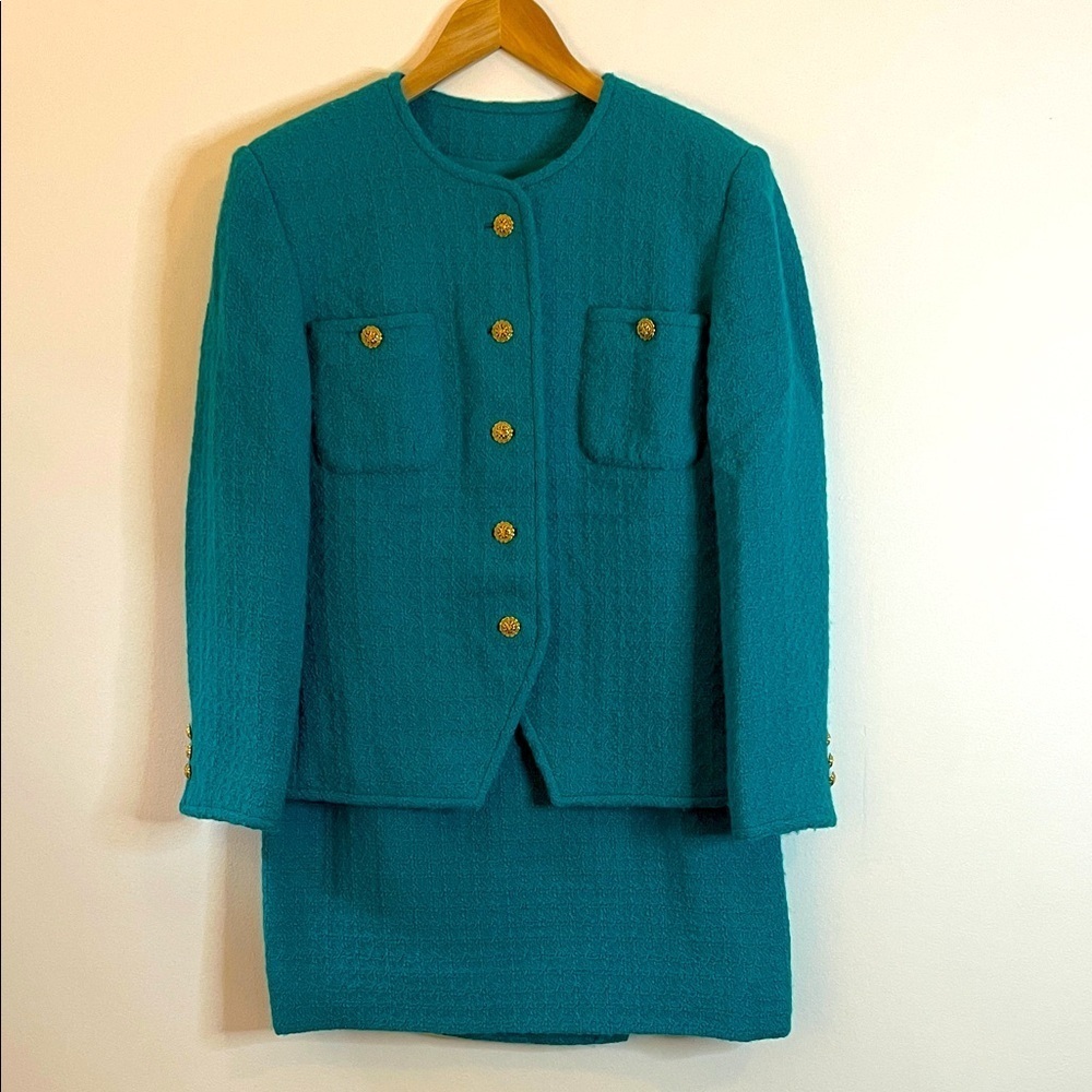 Teal Women’s Skirt Set with Gold Buttons
